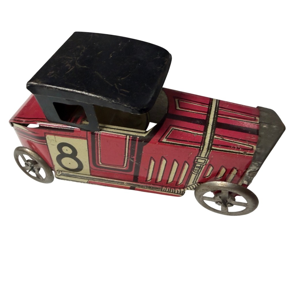 Vintage Litho Tin Toy Race Car Number 8 Red Black Antique Style Collectible